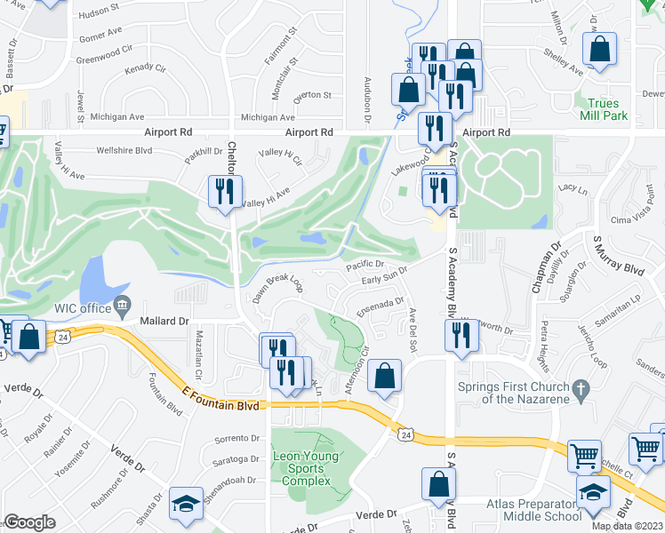 map of restaurants, bars, coffee shops, grocery stores, and more near 3478 Atlantic Drive in Colorado Springs