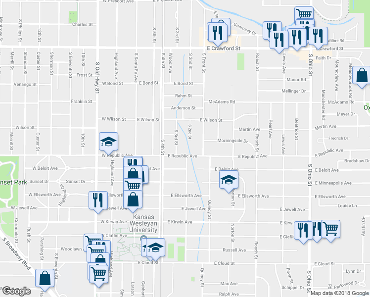 map of restaurants, bars, coffee shops, grocery stores, and more near 415 East Republic Avenue in Salina