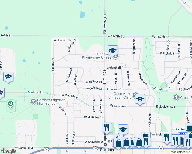 map of restaurants, bars, coffee shops, grocery stores, and more near 121 West Fountain Circle in Gardner
