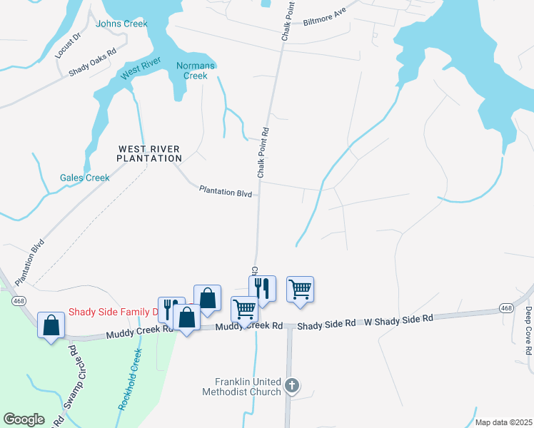 map of restaurants, bars, coffee shops, grocery stores, and more near 5215 Chalk Point Road in West River