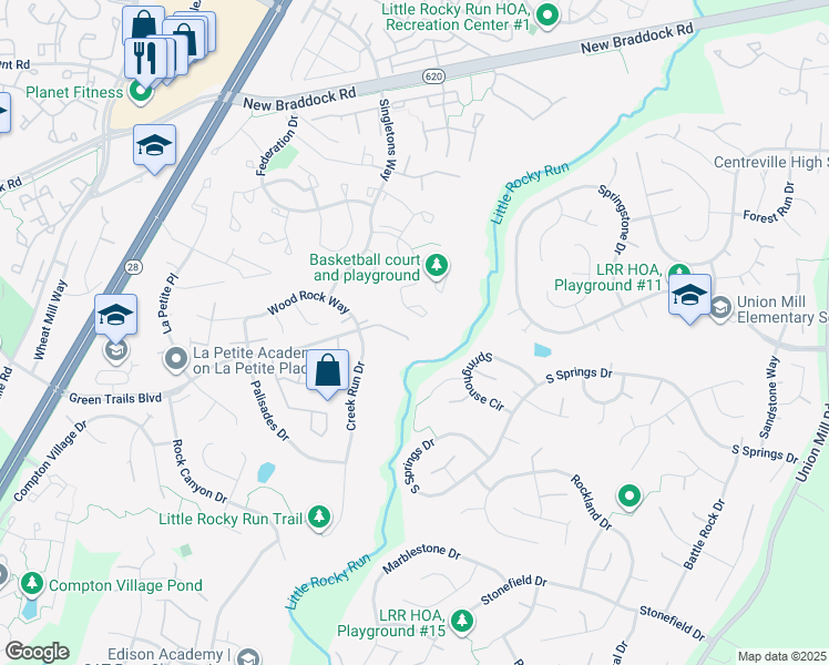 map of restaurants, bars, coffee shops, grocery stores, and more near 13900 Green Trails Court in Centreville