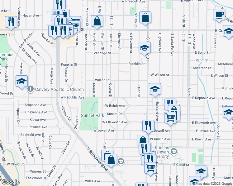 map of restaurants, bars, coffee shops, grocery stores, and more near in Salina