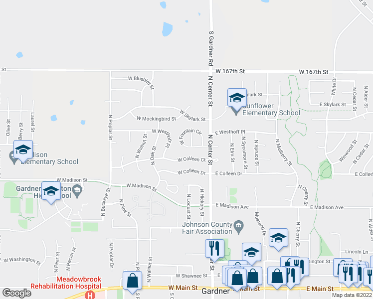 map of restaurants, bars, coffee shops, grocery stores, and more near 133 West Fountain Circle in Gardner