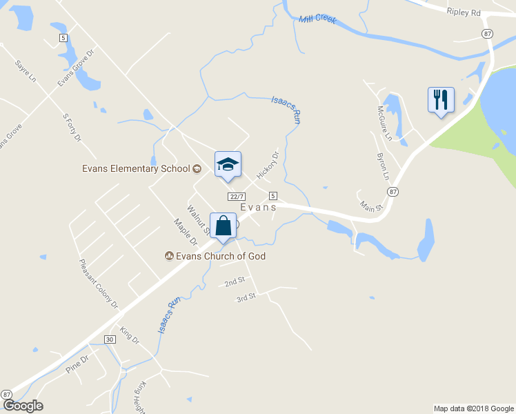 map of restaurants, bars, coffee shops, grocery stores, and more near in Evans