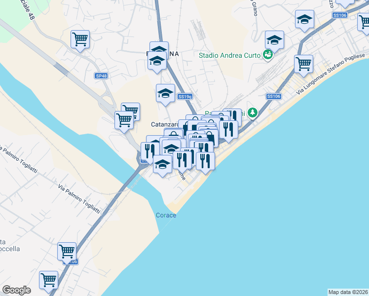 map of restaurants, bars, coffee shops, grocery stores, and more near in Catanzaro Lido
