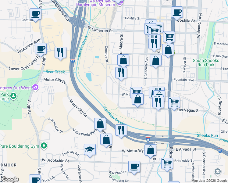 map of restaurants, bars, coffee shops, grocery stores, and more near 942 South Sierra Madre Street in Colorado Springs
