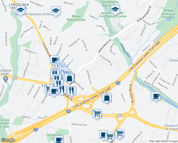 map of restaurants, bars, coffee shops, grocery stores, and more near 5927 Quantrell Avenue in Alexandria