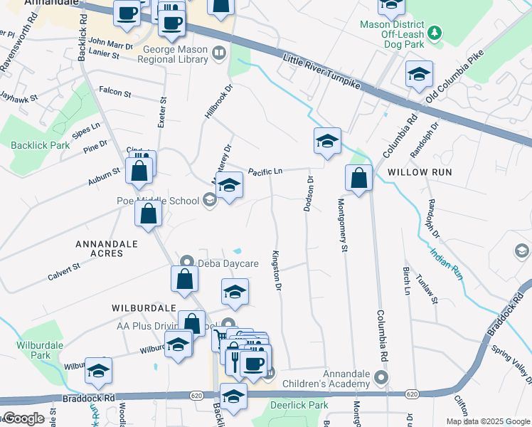 map of restaurants, bars, coffee shops, grocery stores, and more near 4804 Kingston Drive in Annandale