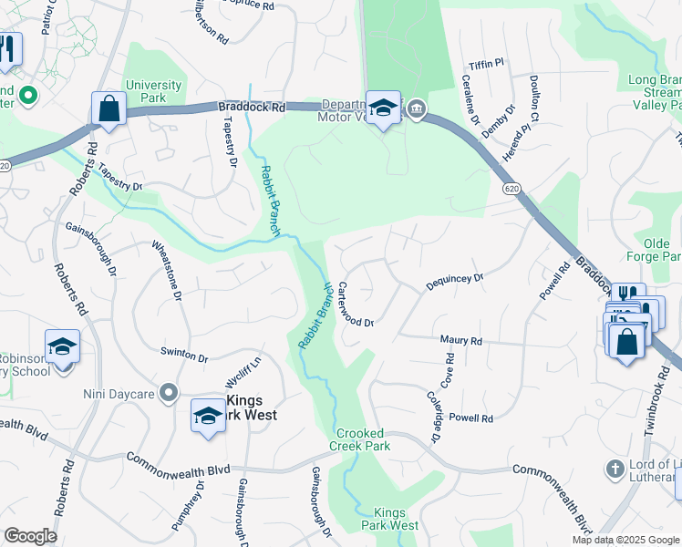 map of restaurants, bars, coffee shops, grocery stores, and more near 4712 Carterwood Drive in Fairfax