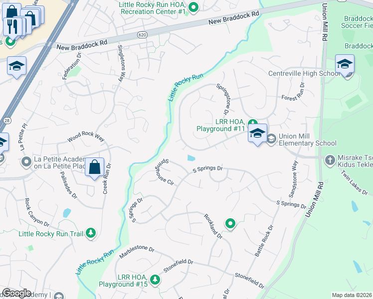map of restaurants, bars, coffee shops, grocery stores, and more near 13813 Springstone Drive in Clifton