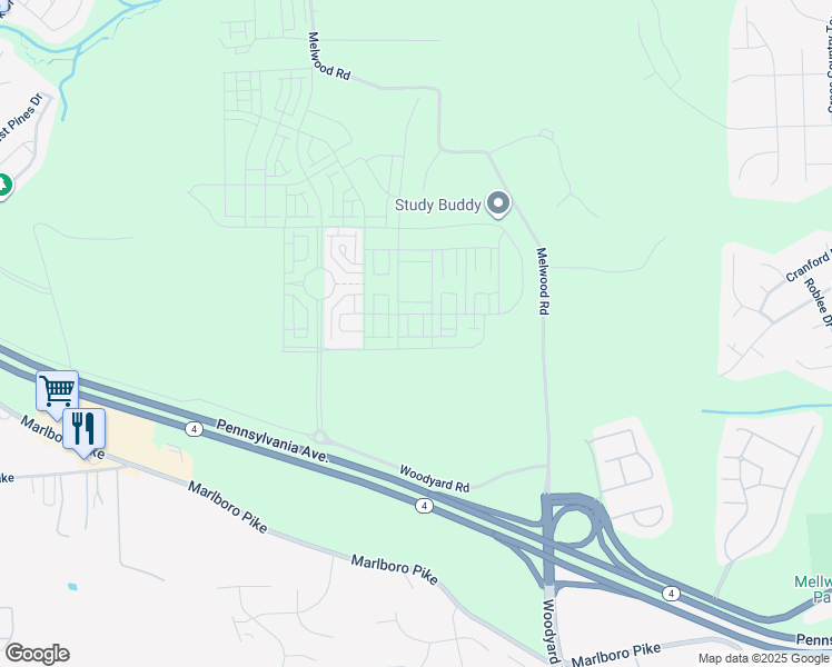 map of restaurants, bars, coffee shops, grocery stores, and more near 11220 Meridian Hill Way in Upper Marlboro