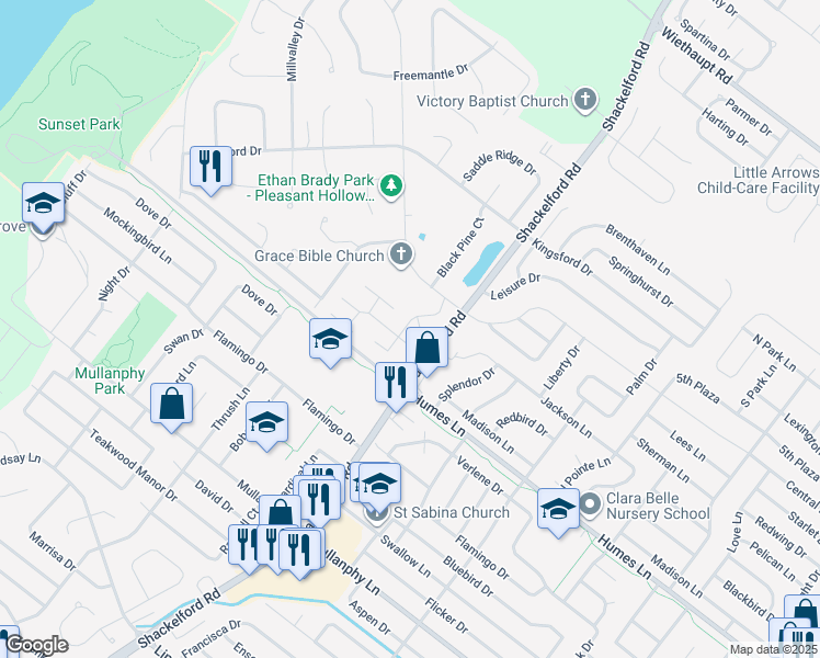 map of restaurants, bars, coffee shops, grocery stores, and more near 1805 New Sun Court in Florissant