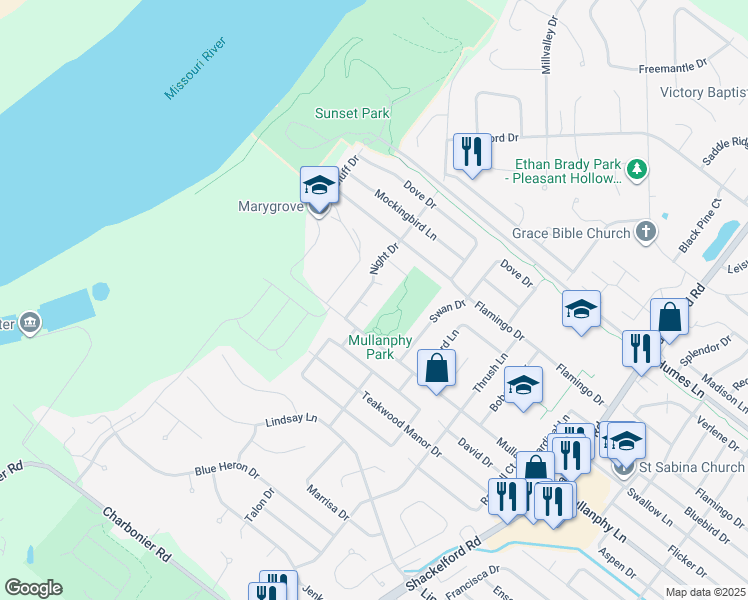 map of restaurants, bars, coffee shops, grocery stores, and more near 2501 Mullanphy Road in Florissant