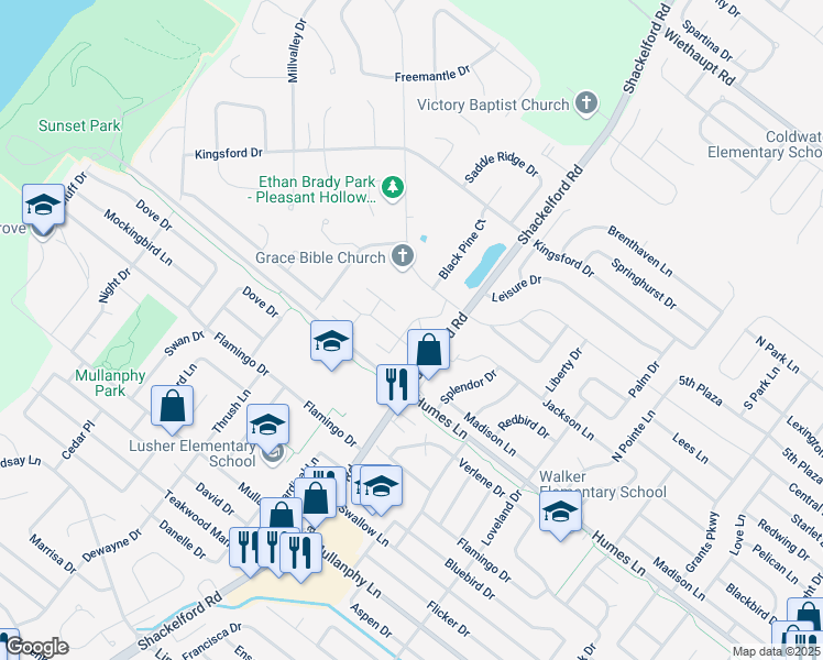 map of restaurants, bars, coffee shops, grocery stores, and more near 2117 New Sun Drive in Florissant