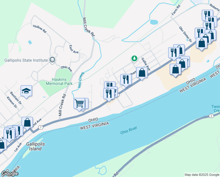 map of restaurants, bars, coffee shops, grocery stores, and more near 1547 Chatham Street in Gallipolis