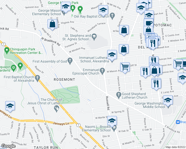 map of restaurants, bars, coffee shops, grocery stores, and more near 1612 Orchard Street in Alexandria