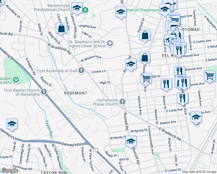 map of restaurants, bars, coffee shops, grocery stores, and more near 1612 Orchard Street in Alexandria