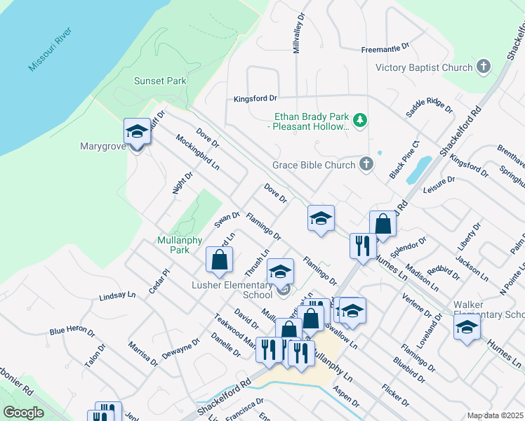 map of restaurants, bars, coffee shops, grocery stores, and more near 2340 Mockingbird Lane in Florissant