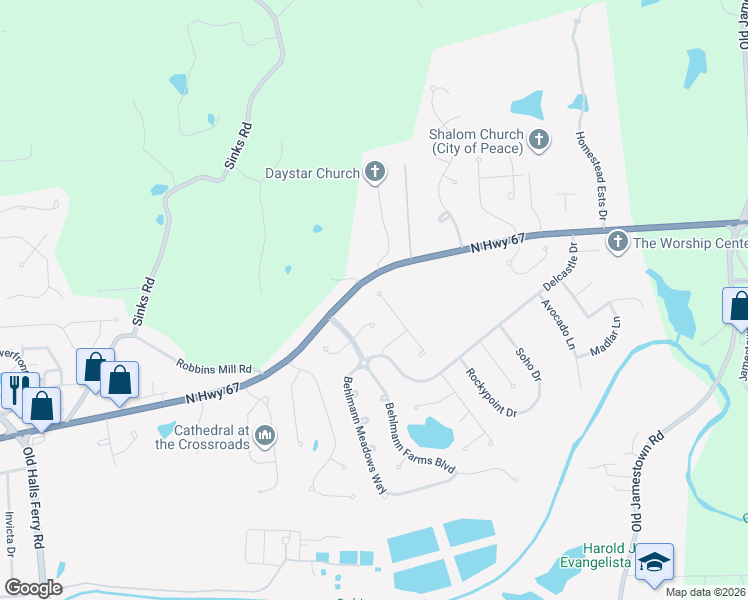 map of restaurants, bars, coffee shops, grocery stores, and more near 4511 Behlmann Grove Place in Florissant