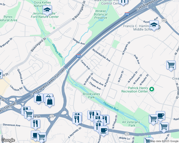 map of restaurants, bars, coffee shops, grocery stores, and more near 5390 Taney Avenue in Alexandria