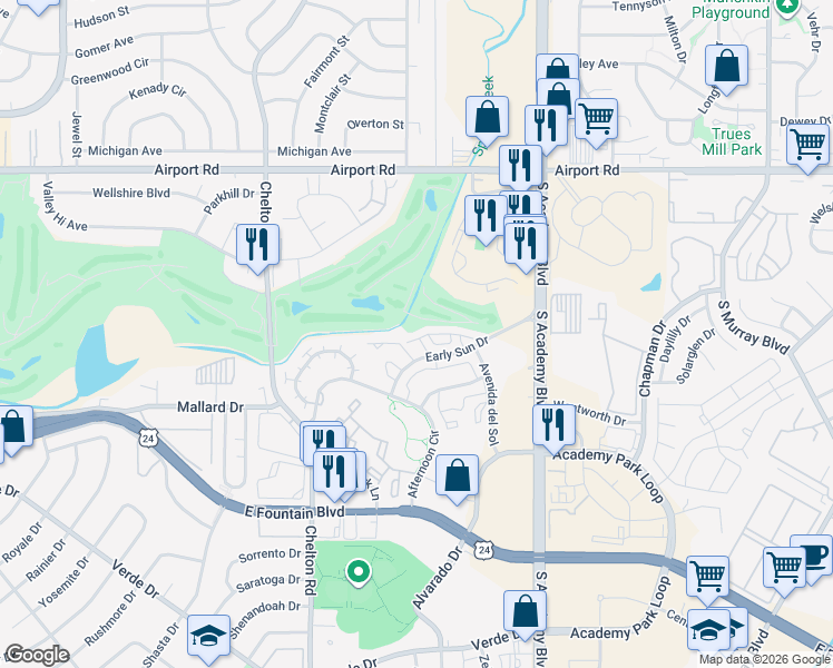 map of restaurants, bars, coffee shops, grocery stores, and more near 3489 Atlantic Drive in Colorado Springs