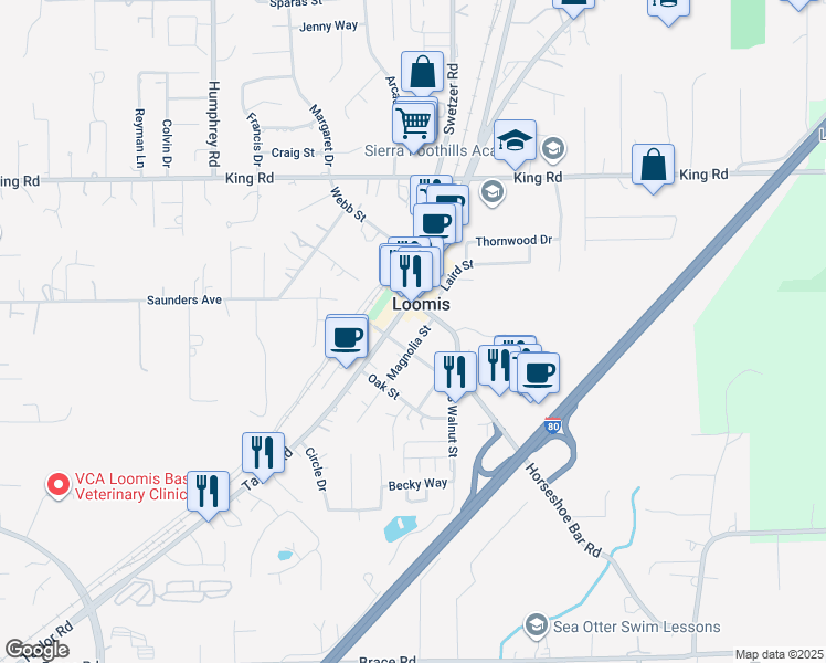map of restaurants, bars, coffee shops, grocery stores, and more near 5844 Walnut Street in Loomis
