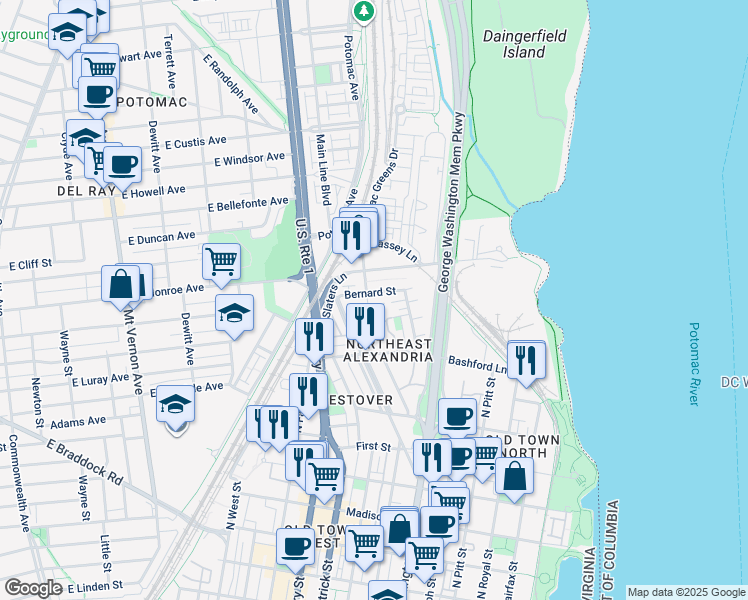 map of restaurants, bars, coffee shops, grocery stores, and more near 915 Portner Place in Alexandria