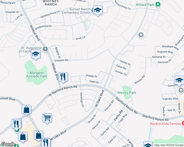 map of restaurants, bars, coffee shops, grocery stores, and more near 1733 Poppy Drive in Rocklin