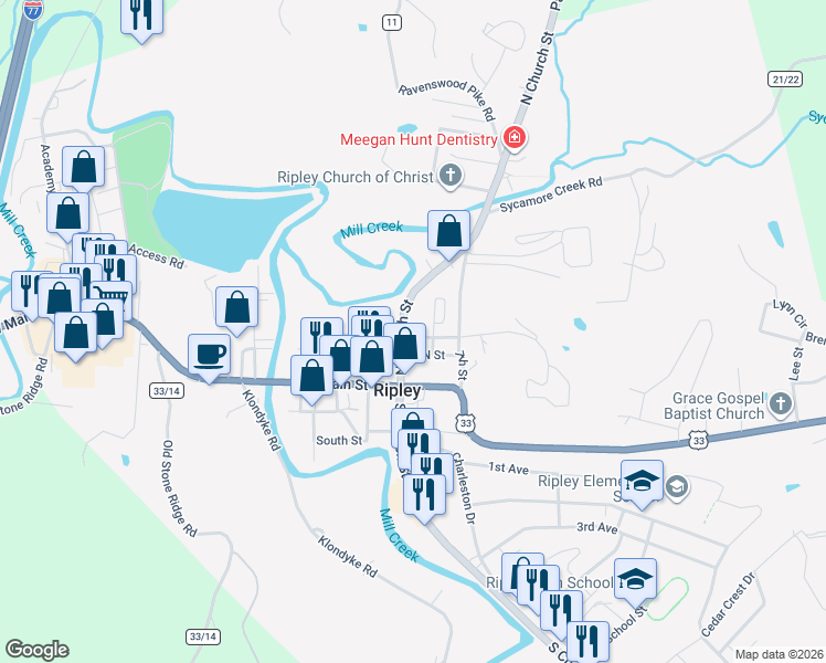map of restaurants, bars, coffee shops, grocery stores, and more near 299 North Church Street in Ripley