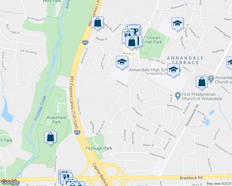 map of restaurants, bars, coffee shops, grocery stores, and more near 7813 Winona Court in Annandale