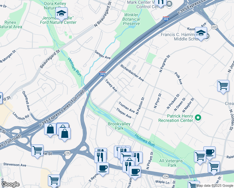 map of restaurants, bars, coffee shops, grocery stores, and more near 5390 Taney Avenue in Alexandria