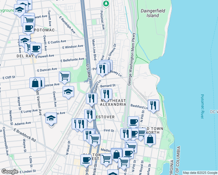 map of restaurants, bars, coffee shops, grocery stores, and more near 915 Portner Place in Alexandria