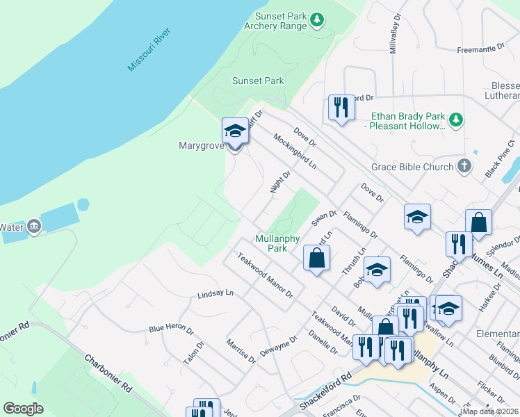 map of restaurants, bars, coffee shops, grocery stores, and more near 1220 Night Drive in Florissant