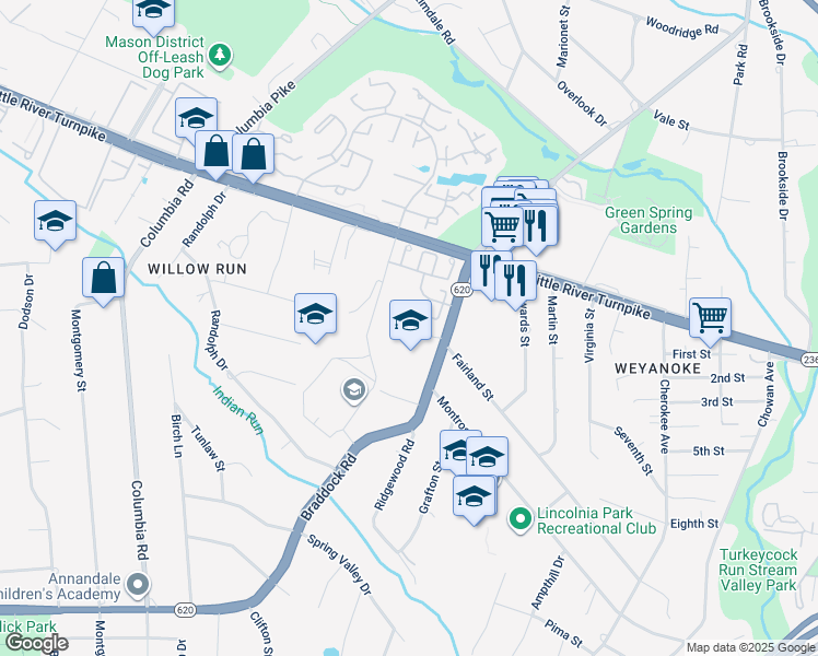 map of restaurants, bars, coffee shops, grocery stores, and more near 6511 Nightwind Court in Alexandria