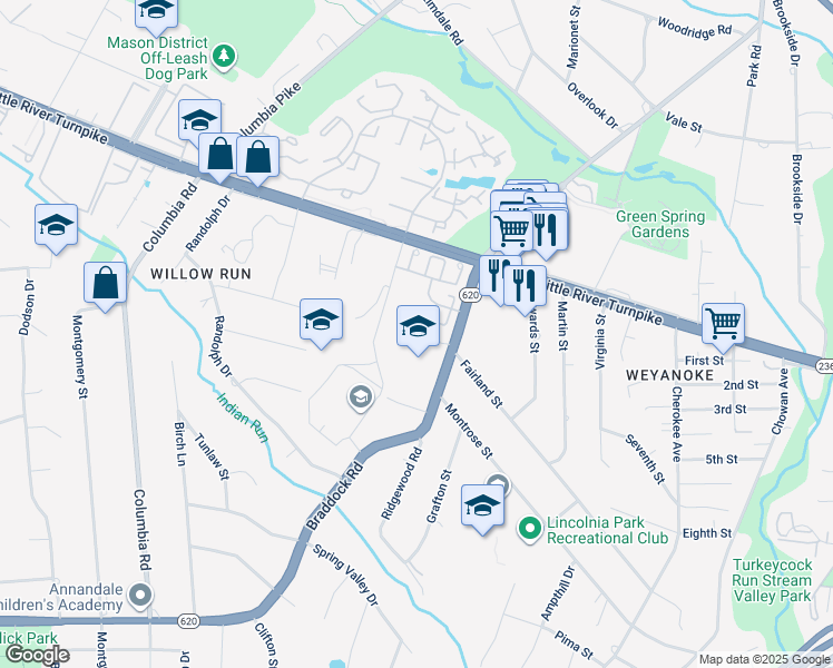 map of restaurants, bars, coffee shops, grocery stores, and more near 6511 Nightwind Court in Alexandria