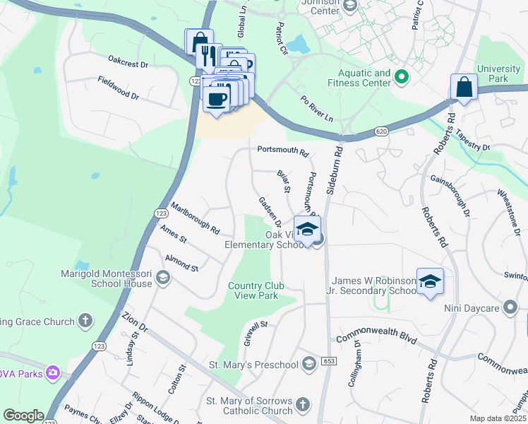 map of restaurants, bars, coffee shops, grocery stores, and more near 10606 Henrico Street in Fairfax