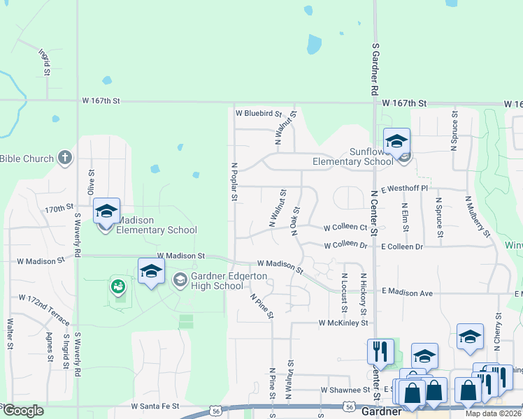 map of restaurants, bars, coffee shops, grocery stores, and more near 640 North Pine Court in Gardner