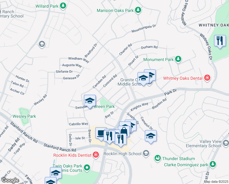map of restaurants, bars, coffee shops, grocery stores, and more near 5217 Del Vista Way in Rocklin