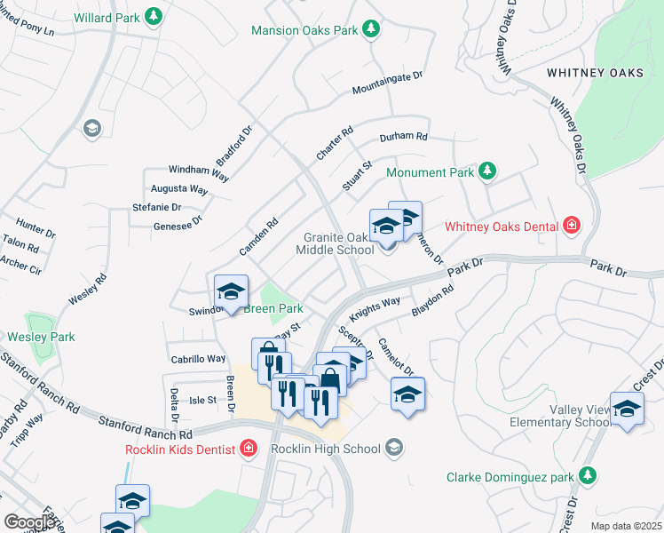 map of restaurants, bars, coffee shops, grocery stores, and more near 5127 De La Rosa Drive in Rocklin