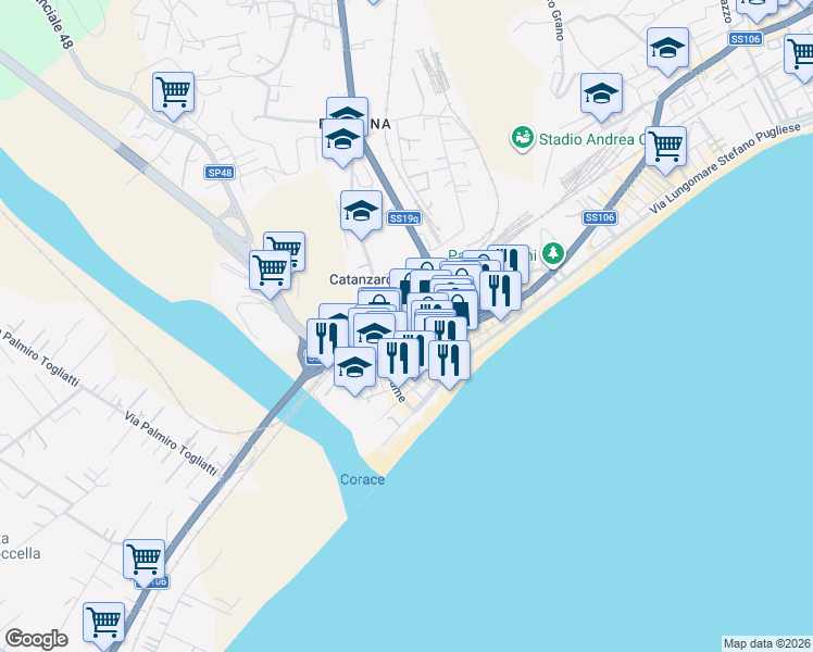 map of restaurants, bars, coffee shops, grocery stores, and more near in Catanzaro Lido