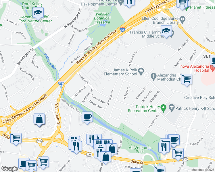 map of restaurants, bars, coffee shops, grocery stores, and more near 909 Peele Place in Alexandria