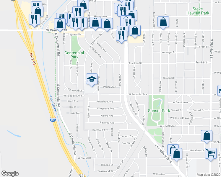 map of restaurants, bars, coffee shops, grocery stores, and more near 1407 Ponca Avenue in Salina