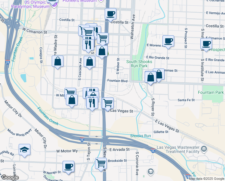 map of restaurants, bars, coffee shops, grocery stores, and more near 240 Writers Way in Colorado Springs