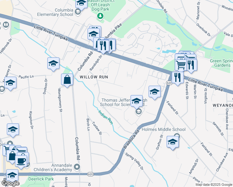 map of restaurants, bars, coffee shops, grocery stores, and more near 6624 Locust Way in Annandale