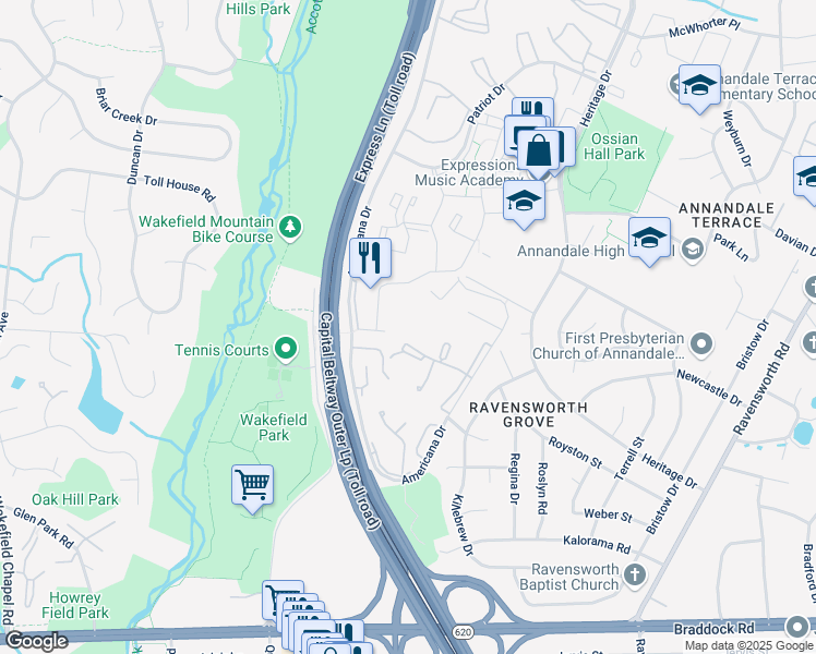 map of restaurants, bars, coffee shops, grocery stores, and more near 4939 Americana Drive in Annandale