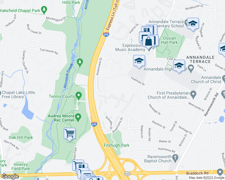 map of restaurants, bars, coffee shops, grocery stores, and more near 4937 Americana Drive in Annandale