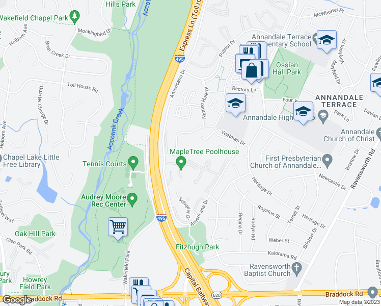 map of restaurants, bars, coffee shops, grocery stores, and more near 4939 Americana Drive in Annandale