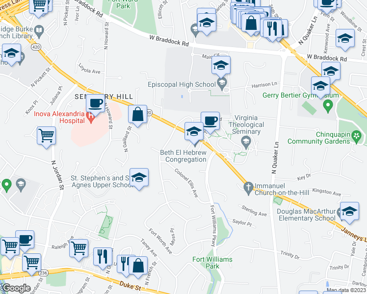 map of restaurants, bars, coffee shops, grocery stores, and more near 3832 Seminary Road in Alexandria
