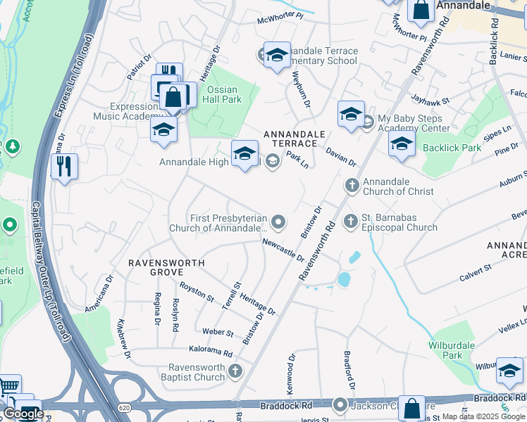 map of restaurants, bars, coffee shops, grocery stores, and more near 7612 Erie Street in Annandale