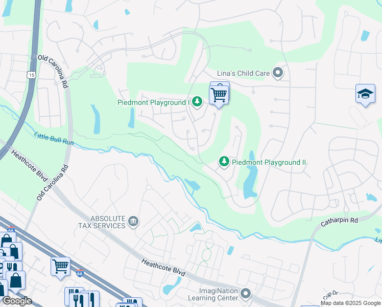 map of restaurants, bars, coffee shops, grocery stores, and more near 15032 Fells Bridge Place in Haymarket